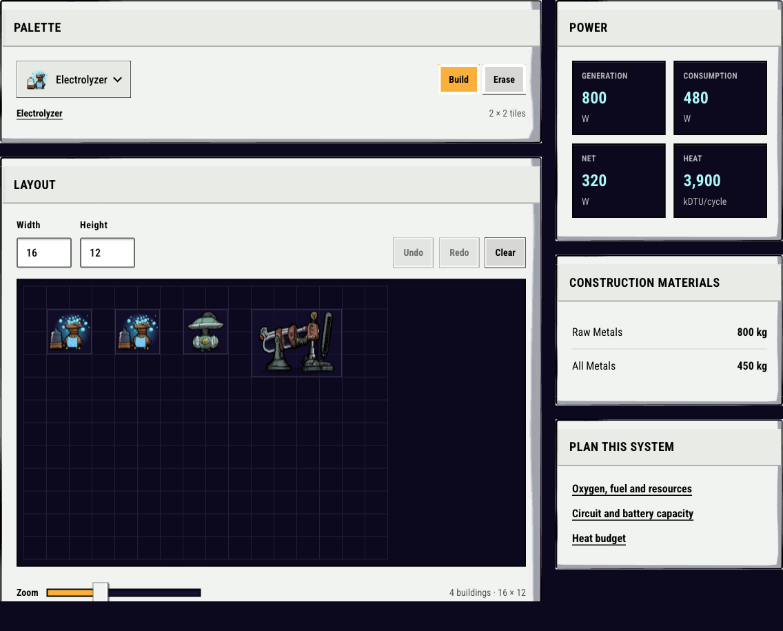 Base layout planner with two Electrolyzers, a Gas Pump and a Hydrogen Generator placed on the grid, and the power, heat and material totals beside it