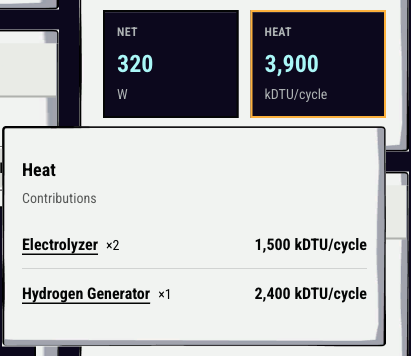 Heat readout of the base layout planner opened, listing what each placed building adds per cycle