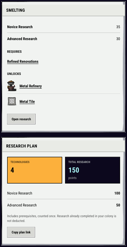Research tree with Smelting selected and its four-tech chain totalled by research type