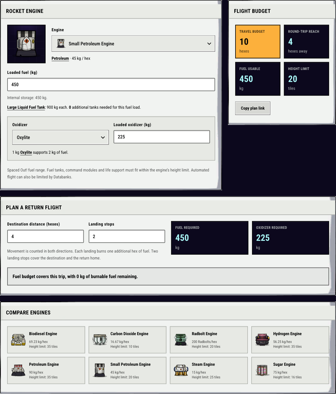 Rocket range planner with a Small Petroleum Engine, 450 kg of Petroleum and 225 kg of Oxylite for the same trip